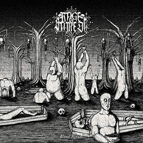 Black and white illustration of figures among trees and coffins.