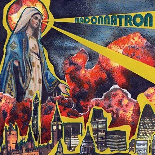 Collage of the Virgin Mary over a fiery cityscape, album cover art.
