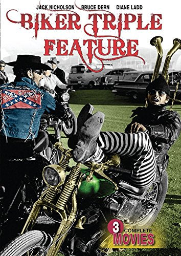 DVD cover for "Biker Triple Feature" showing motorcyclists and actors.