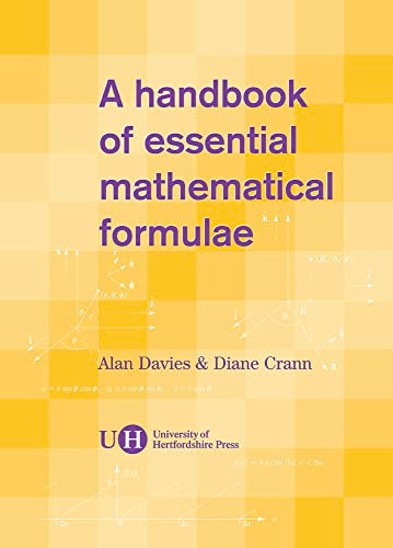 Yellow handbook cover with mathematical equations and the title "Handbook of essential mathematical formulae".