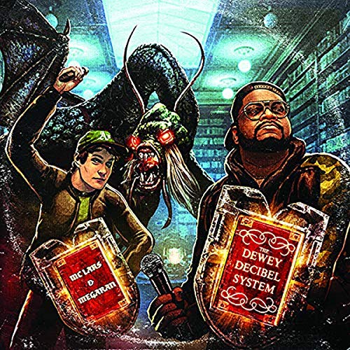 Album cover featuring two men and a dragon in a library setting.