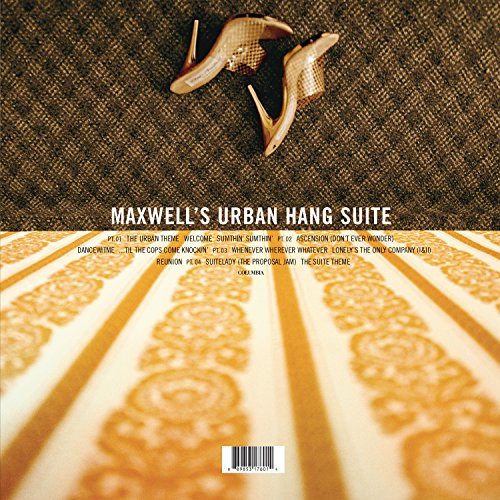 Vinyl record cover with gold patterned background and high-heeled shoes.