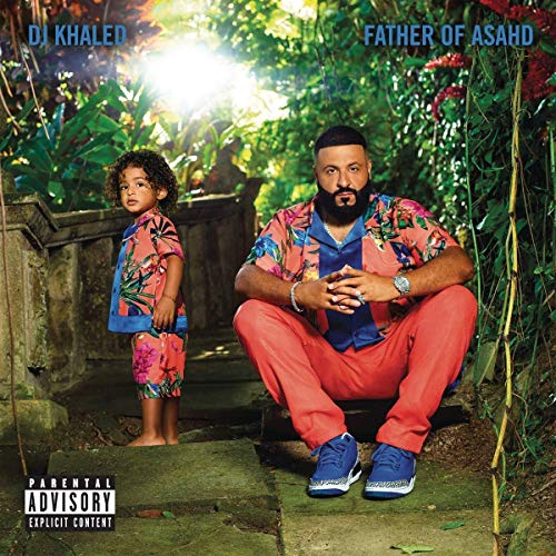 DJ Khaled and his son Asahd on album cover, vibrant floral shirts.