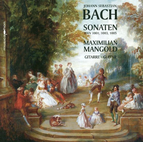 CD cover: Bach sonatas performed by Maximilian Mangold on guitar, with artwork.