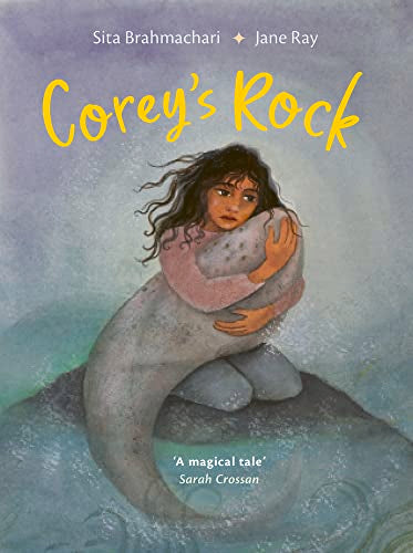A girl with dark hair hugs a large, smooth rock on a watercolor background.