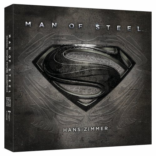Man of Steel" soundtrack CD by Hans Zimmer with Superman logo.