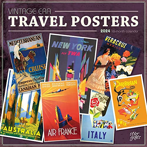 Vintage Era Travel Posters | 2024 12 x 24 Inch Monthly Square Wall Calendar | Sticker Sheet | StarGifts | Art Railways Illustrations