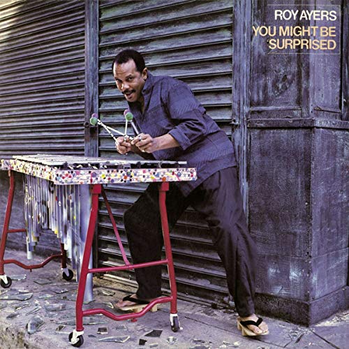 Roy Ayers posing with vibraphone in front of a shuttered building.