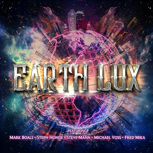 CD cover for “Earth Lux” featuring a glowing, grid-covered Earth.