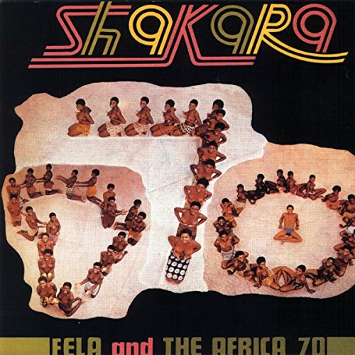 Fela Kuti’s “Shakara” vinyl album cover with figures in circular arrangements.