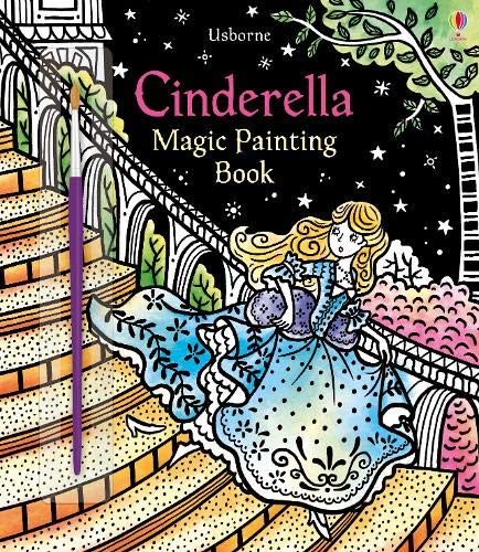 Cinderella magic painting book cover with brush and partially colored illustration.
