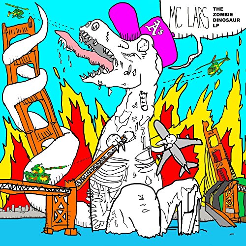 Cartoon of a dinosaur wearing a hat amidst chaos and destruction.
