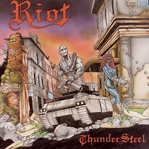 Riot's "Thundersteel" CD cover: a tank in a post-apocalyptic cityscape.
