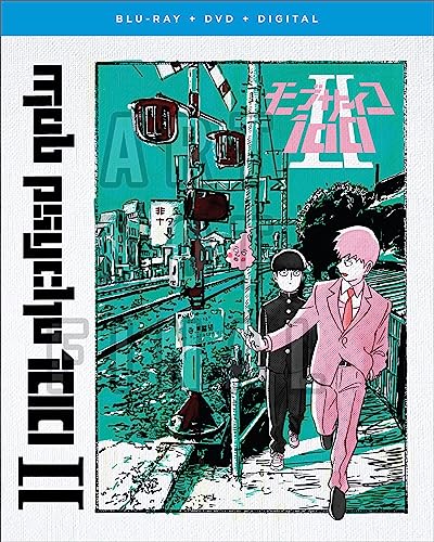 “Mob Psycho 100 II” Blu-ray cover with anime characters walking by train tracks.