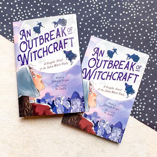Two copies of the graphic novel An Outbreak of Witchcraft on a star-patterned background.