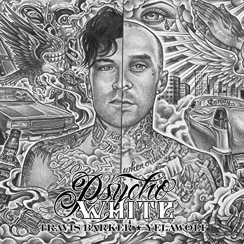 Black and white portrait of two men with extensive tattoos, split down the middle.