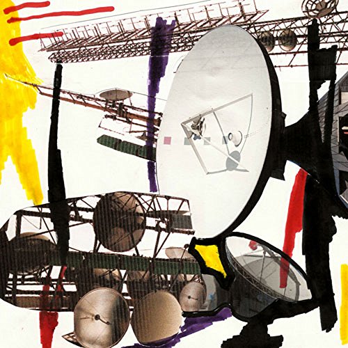 Collage of satellite dishes with colorful abstract paint strokes.