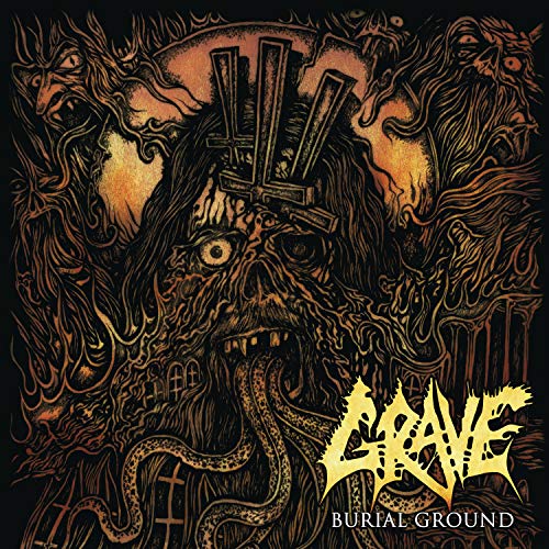 Dark, detailed album cover for Grave’s “Burial Ground” with monstrous figures.