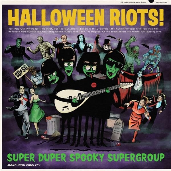 Record cover featuring cartoon monsters and musicians in a graveyard scene.