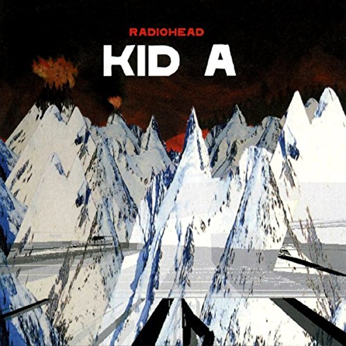 Radiohead’s “Kid A” album cover: snowy mountains with red text.