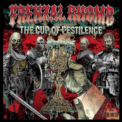 Frenzal Rhomb album cover: knights and a chalice in a red, illustrated scene.