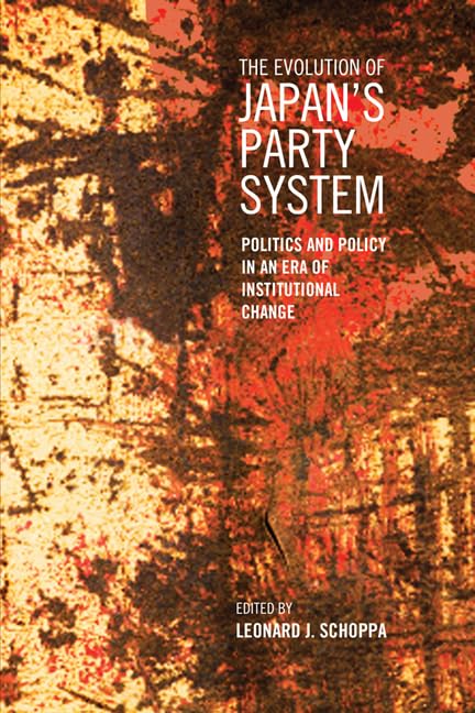Book cover: "The Evolution of Japan's Party System" with red and brown textures.