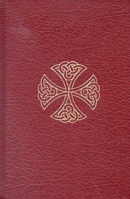 Red book cover with a silver Celtic cross design.