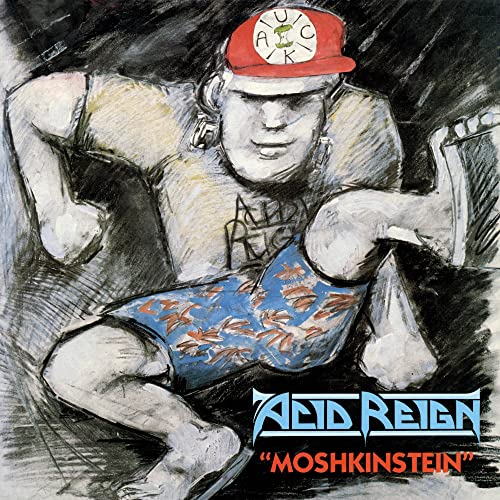 Sketch of a muscular person in a cap, album title "Moshkinstein".