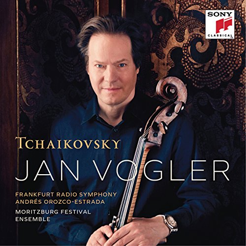 Jan Vogler portrait with cello, album cover for Tchaikovsky recordings.