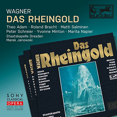 CD cover for Wagner’s “Das Rheingold” featuring gold text and a mountain.