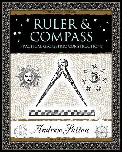 Wooden book with geometric constructions, ruler and compass on its cover or pages.