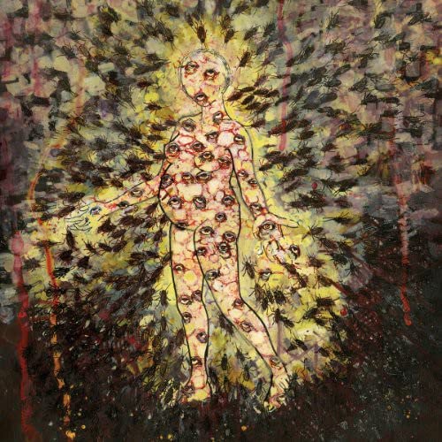 Abstract painting of a figure covered in eyes and swarming shapes.
