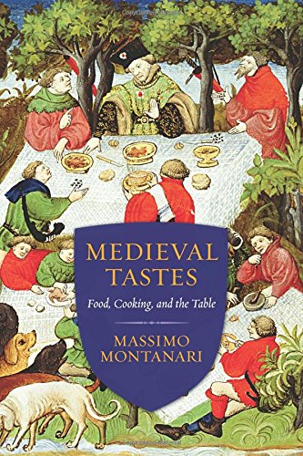 Book cover featuring a medieval banquet painting with a blue shield overlay containing text.