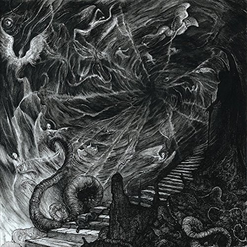 Black and white illustration of a monstrous, swirling scene with figures.