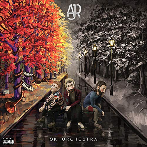 AJR’s “OK Orchestra” CD cover: three men sit beneath divided, colorful trees.