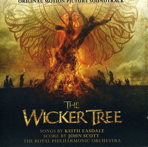 CD cover for "The Wicker Tree" soundtrack, featuring a burning figure and crowd.