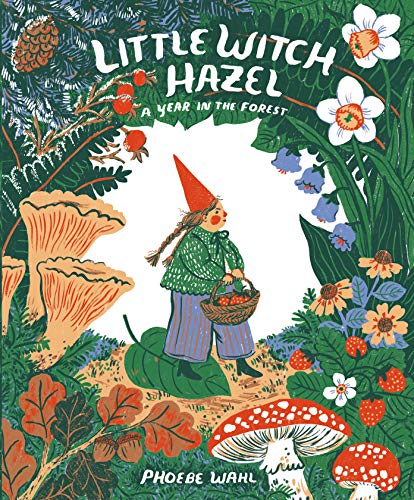 A girl with a red pointed hat carries a basket through a forest scene.