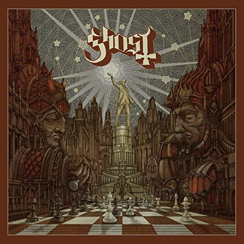Ghost’s “Popestar” CD cover: ornate architecture, chess pieces, and central statue.