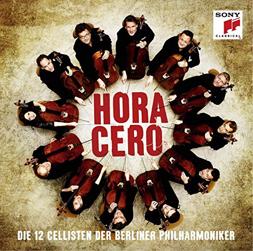 CD cover featuring twelve cellists in a circular arrangement, text "Hora Cero".