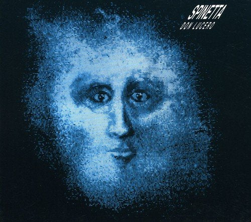 BlueLuminous blue grainy face on a dark background with text Spinetta Don Lucero.