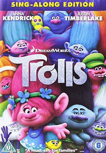 DVD cover for "Trolls" featuring colorful, smiling troll characters.