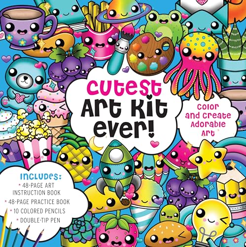 Cutest Art Kit Ever! : Color and Create Adorable Art – Includes: 48-page Art Instruction Book, 48-page Practice Book, 10 Colored Pencils, Double-Tip Pen
