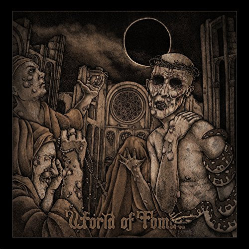 Dark, detailed illustration of figures before a ruined cathedral, eclipse above.