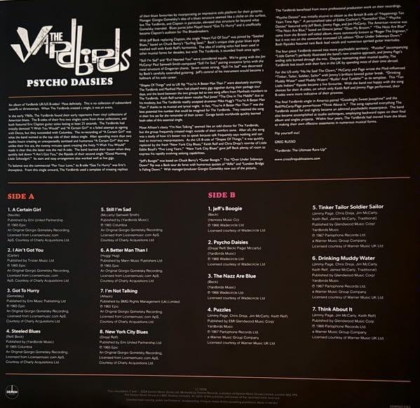 Vinyl record cover for The Yardbirds’ “Psycho Daisies” with tracklist details.