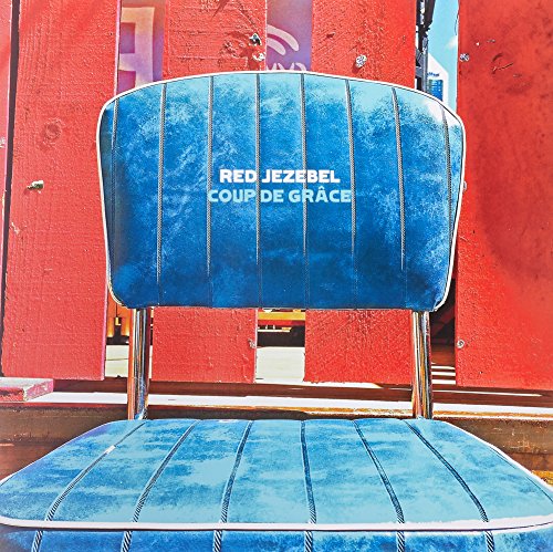 Blue chair with album art "Red Jezebel - Coup de Grâce" on back.