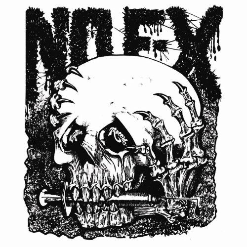 Black and white skull illustration with a broken CD and sword.