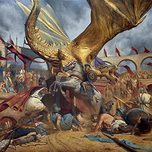 Golden dragon descending over a jousting tournament with fallen knights.