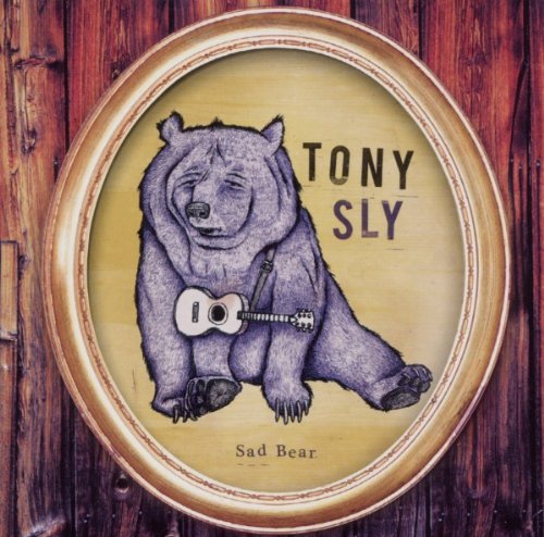 Drawing of a sad bear playing a ukulele, framed in gold.