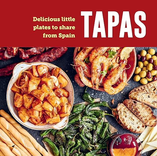 Colorful food photography on a cookbook cover with tapas dishes and Spanish ingredients.