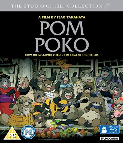 Pom Poko" Blu-ray cover featuring a large group of cartoon tanuki (raccoon dogs).